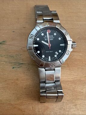 Wenger Stainless Steel Watch with Black Dial and Red Accent